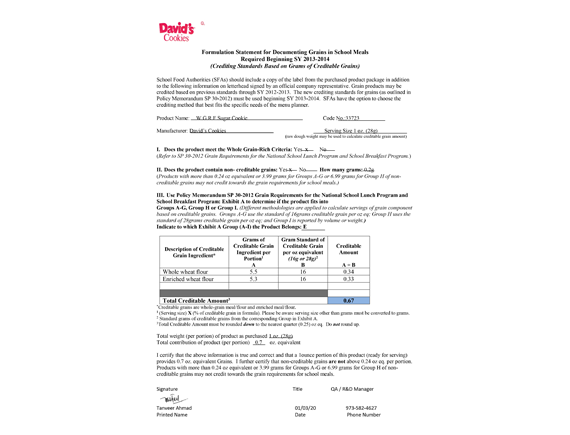 David's Cookies Formulation Statement: Sugar Cookie